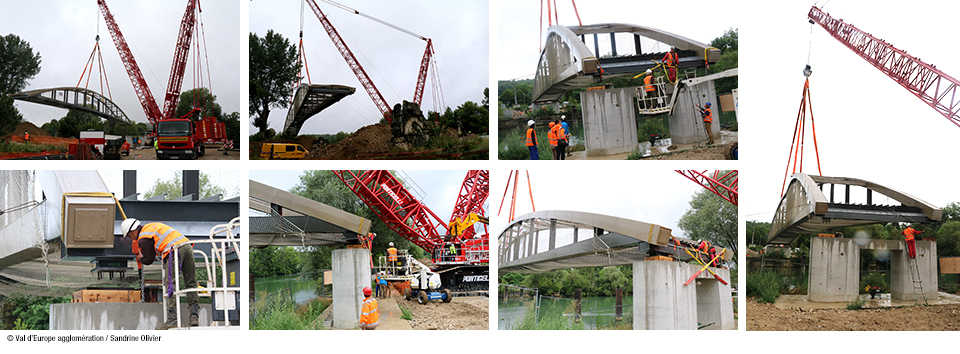 Montage photos Pose de la passerelle de Chessy à Dampmart