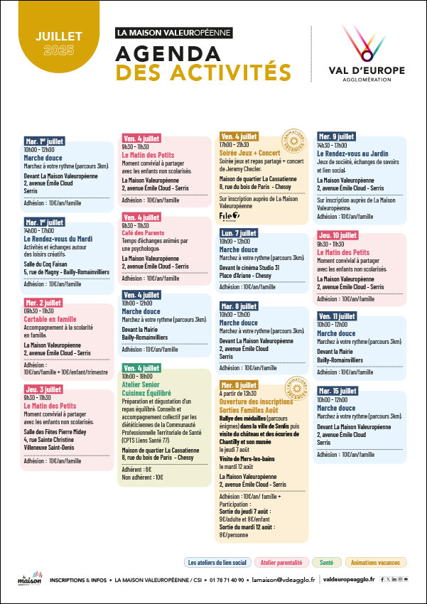 Agenda des activités de La Maison Valeuropéenne - CSI de Val d'Europe Agglomération